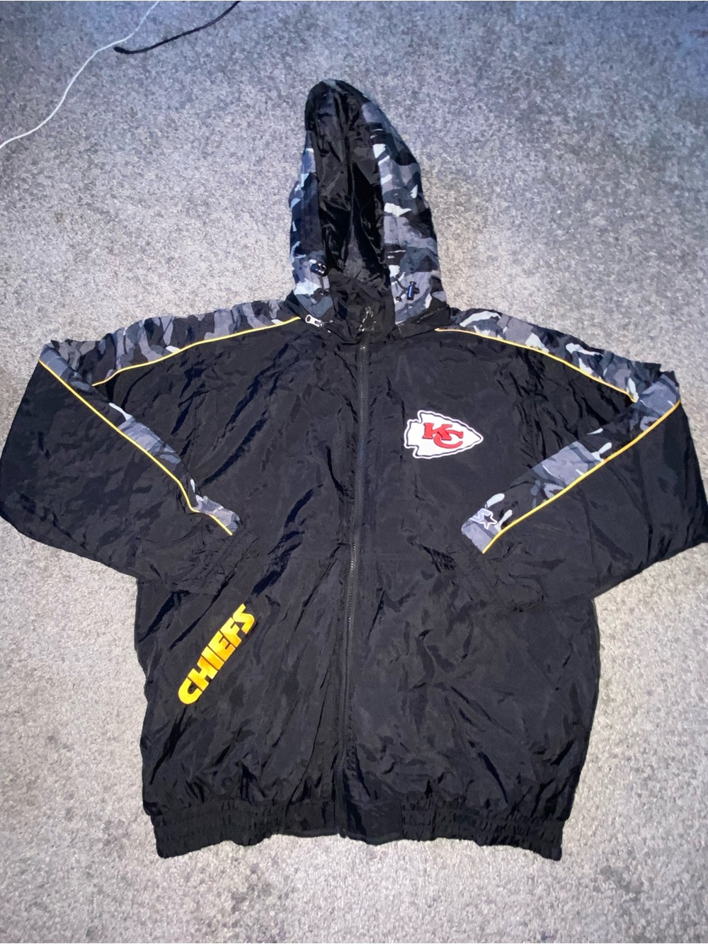 STARTER Black & Gray Kansas City Chiefs Hooded Rain Jacket with Yellow Accents